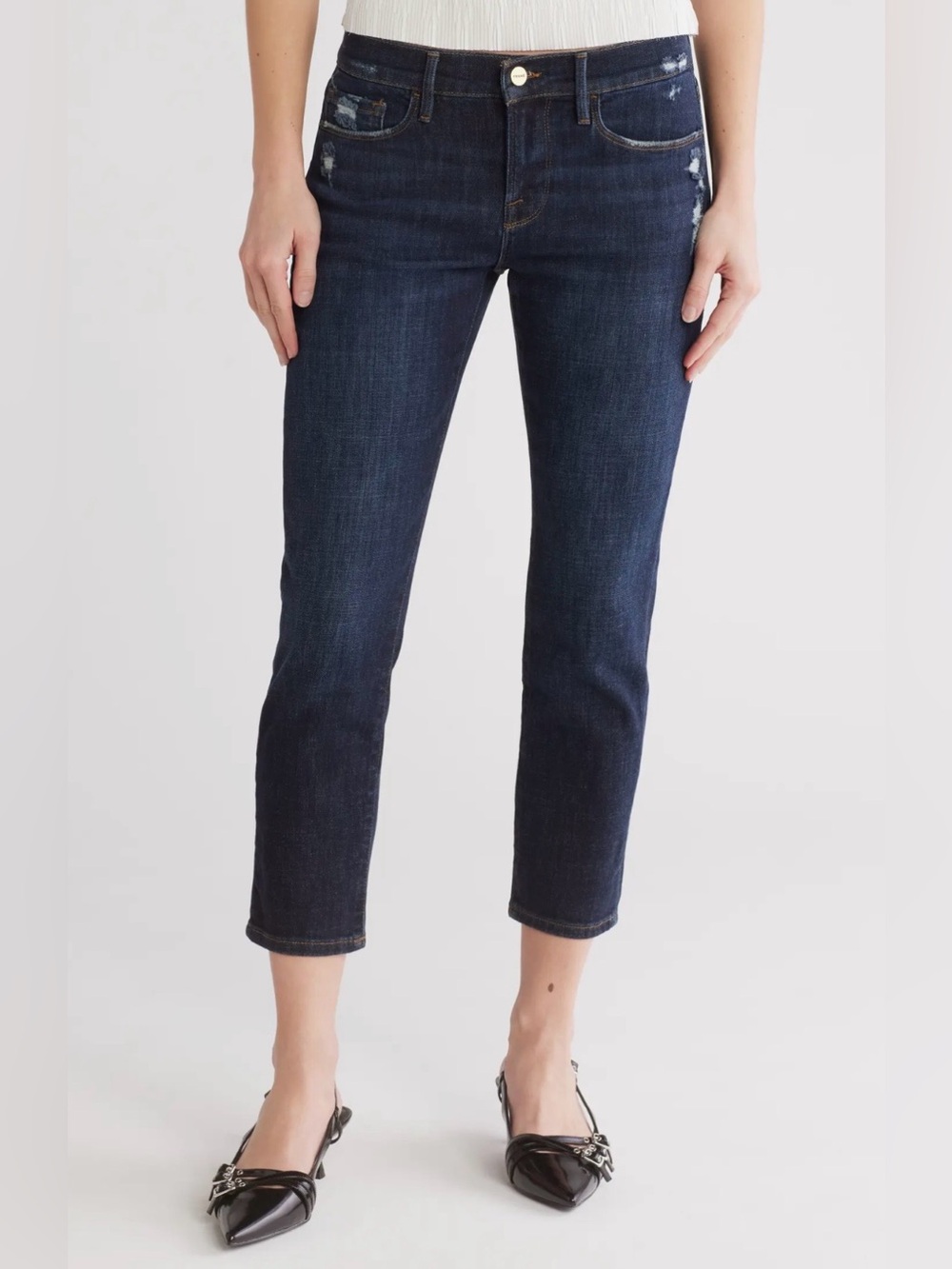 FRAME Le Garcon Crop Mid-Rise Boyfriend Jeans Dark Wash Distressed Size 25